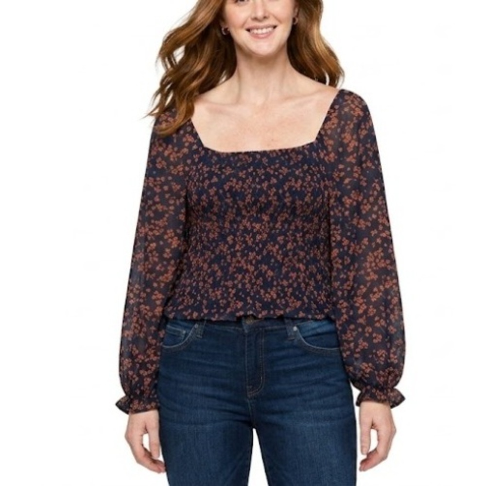 New Lush Large Navy Orange Ditsy Floral Smocked Square‎ Neck Feminine Blouse
